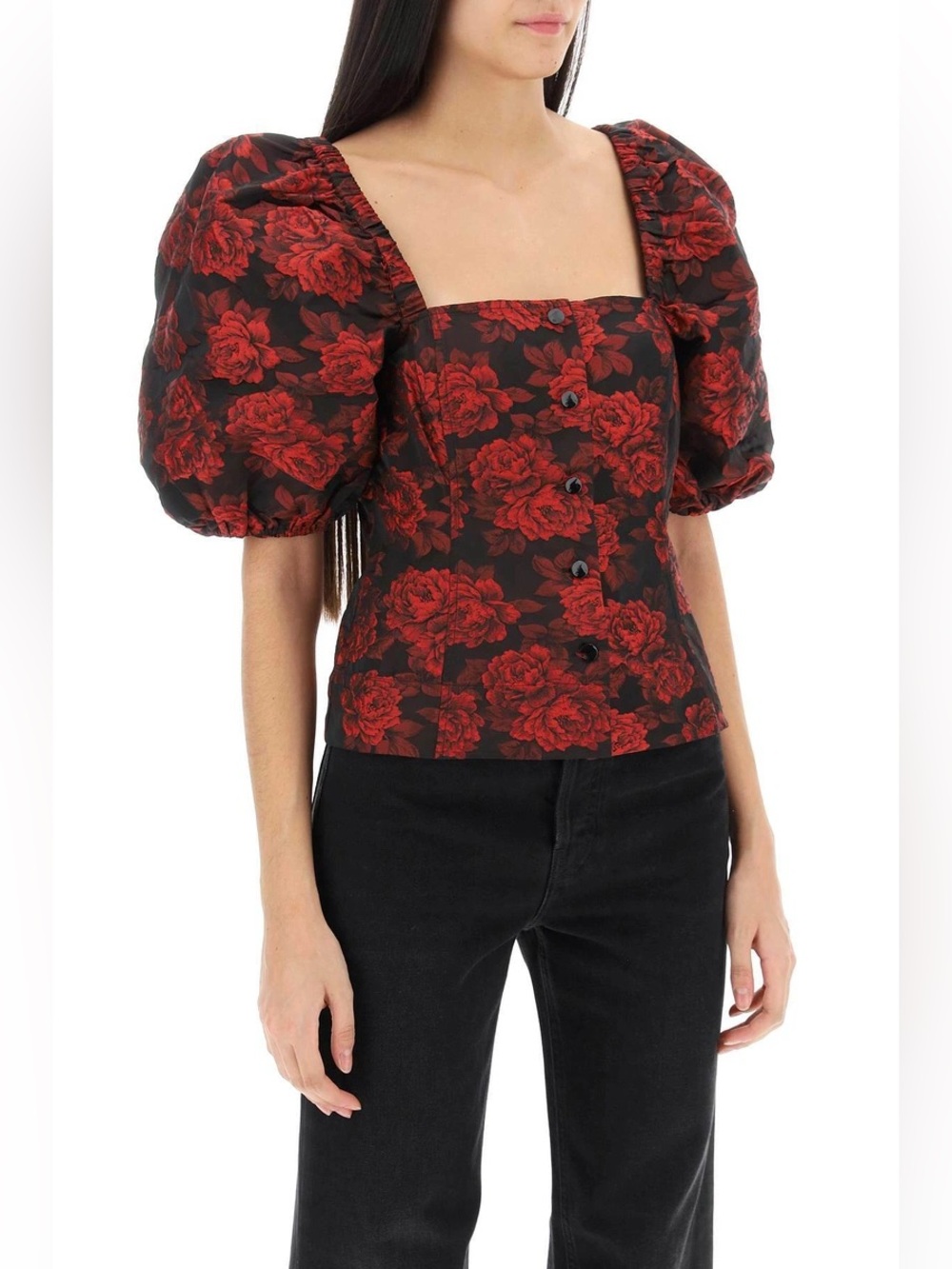 Ganni Square Neck Puff Sleeve Floral Top in Red and Black